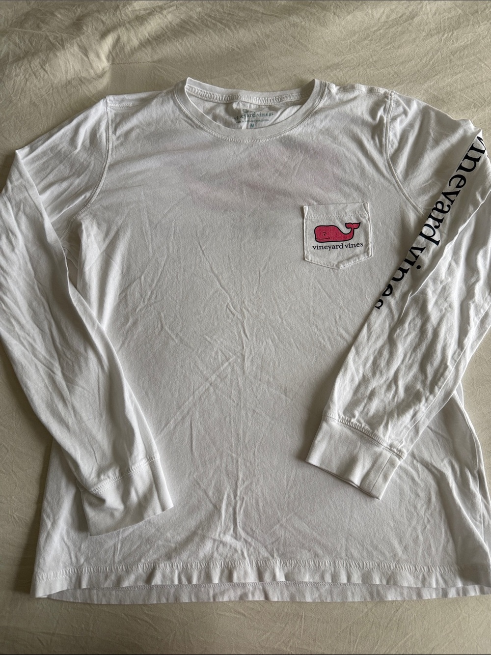 Vineyard Vines White Long-Sleeve Pocket Tee with Pink Whale